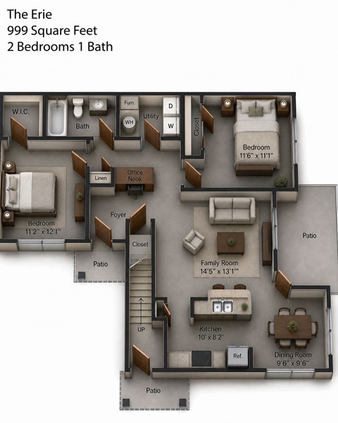 Floor plan for 2 beds, 1 bath, 999 sqft